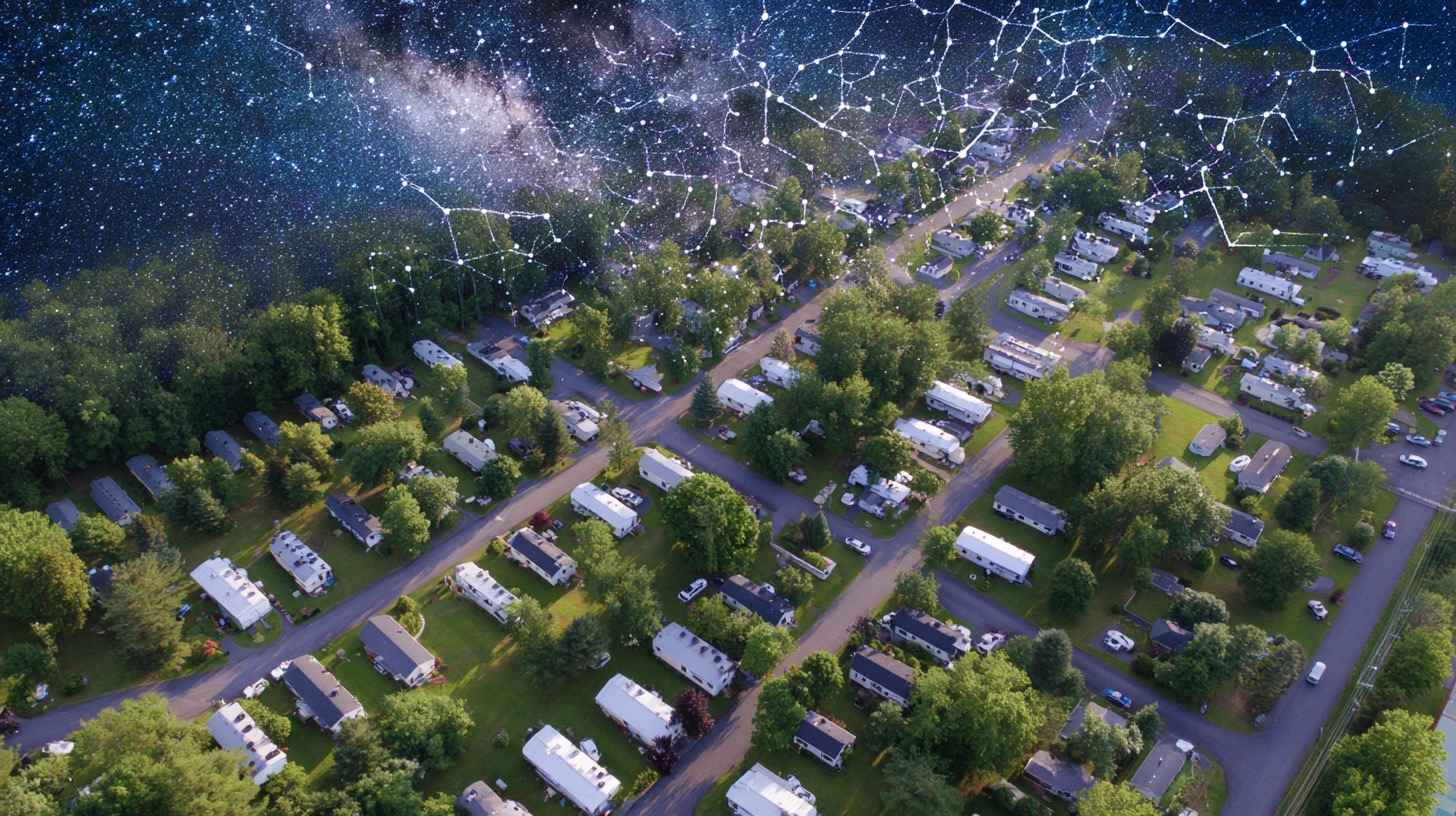 Aerial view of a mobile home park with tree-lined streets under a starry sky featuring constellations