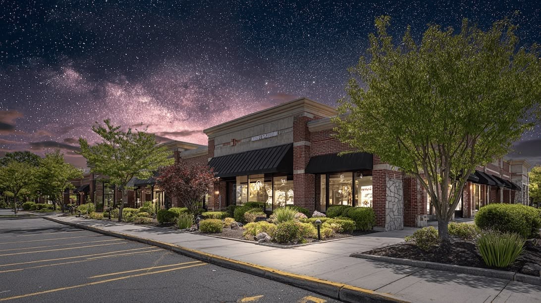 Modern brick retail strip center at night with storefront lights on and starry sky above