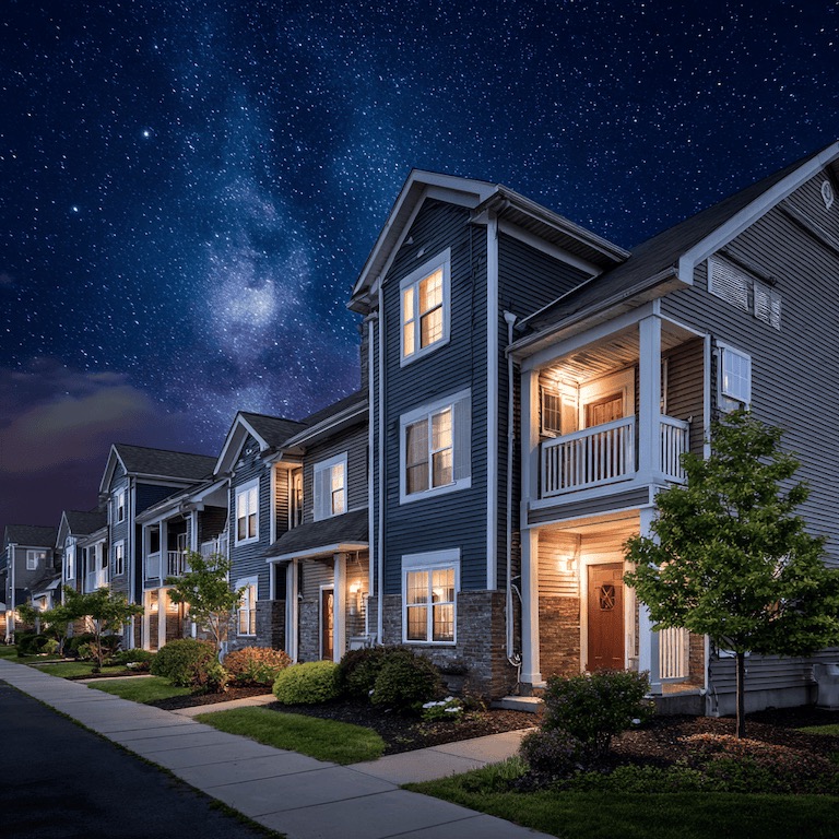 Modern townhomes with blue siding illuminated at night under a starry sky