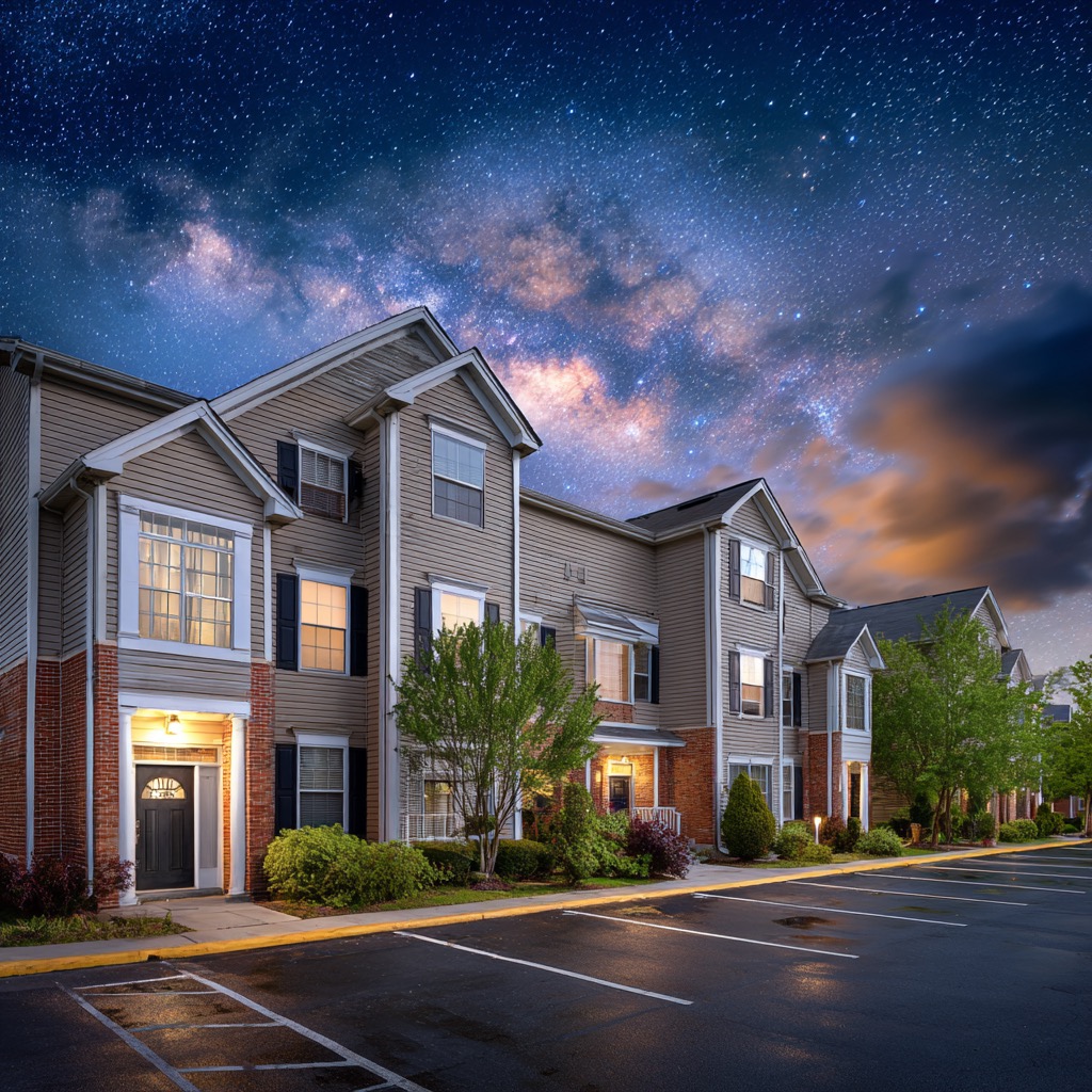 Three-story suburban townhouses with brick and siding facades under a dramatic night sky with stars and clouds