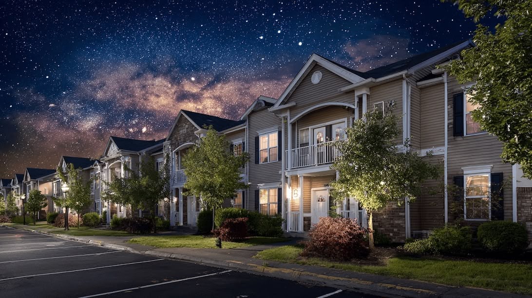 Upscale suburban townhomes under a star-filled night sky with manicured landscaping and empty parking spaces