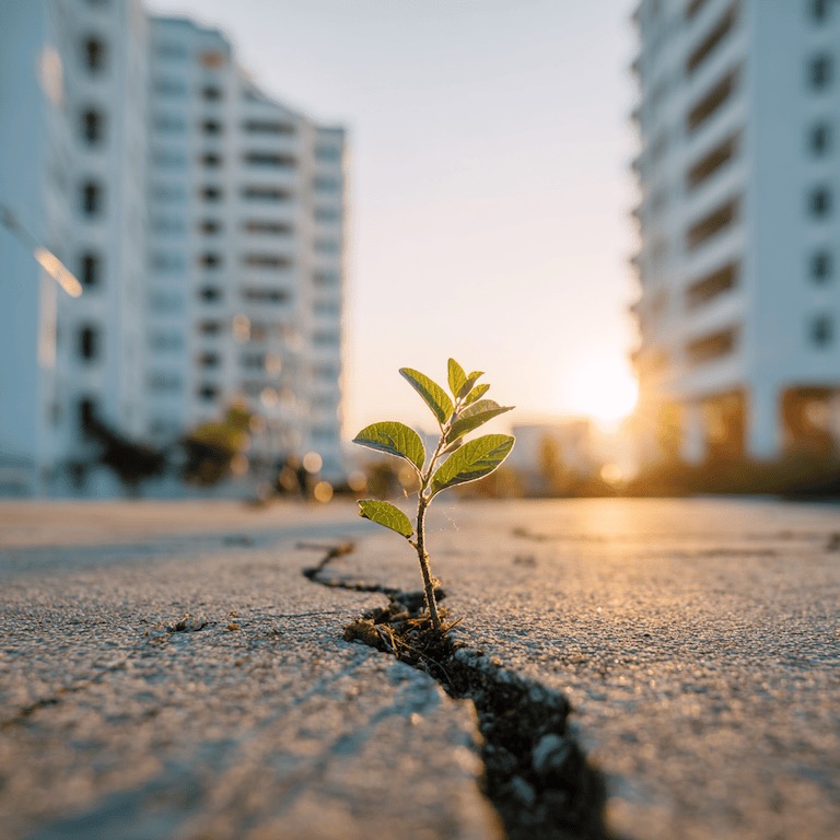Small plant growing through cracked pavement between modern apartment buildings at sunrise, symbolizing resilience in urban environments